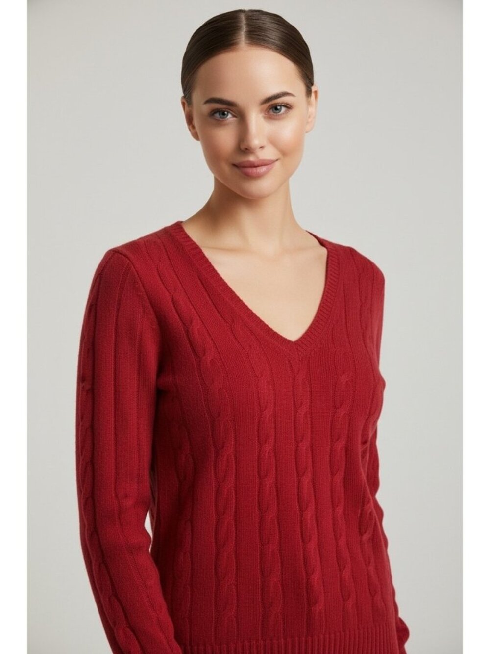 Vertical Design Classic Red Cable Knit 2-Ply Cashmere V-Neck Sweater Womens M